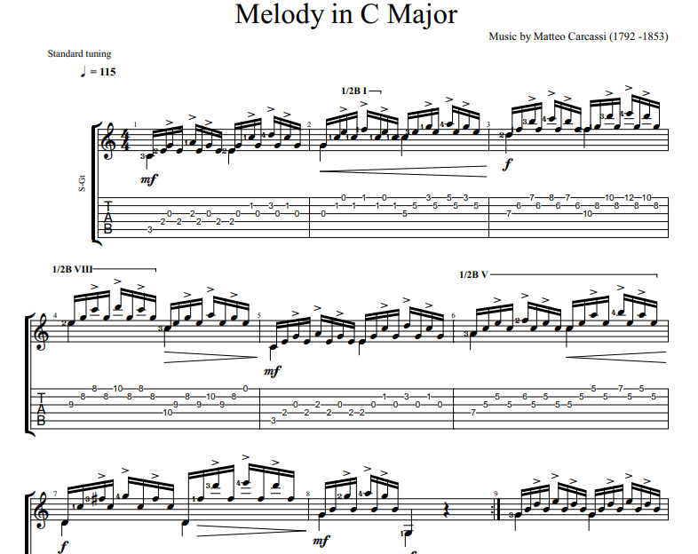Melody in C Major sheet music for guitar tab